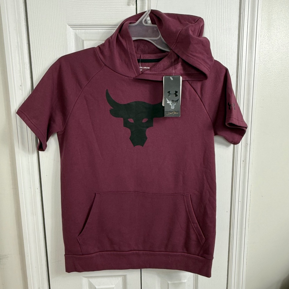 Under Armour Project Rock Hoodie YXL Burgundy Brahma Bull Short Sleeve Sporty